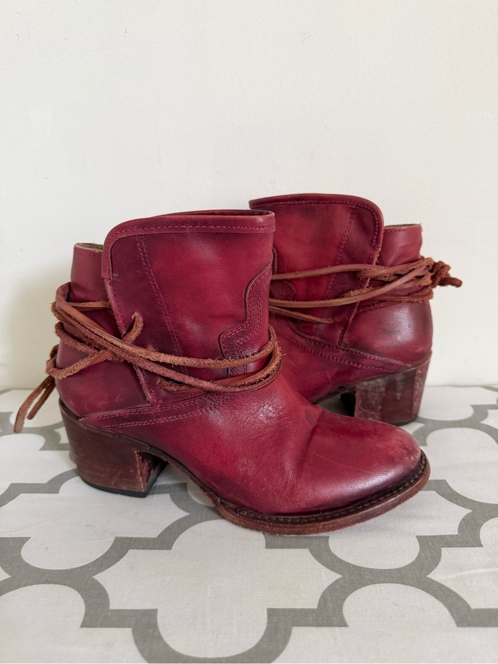 Freebird by Steven Red Leather Ankle Boots with Wrap Laces